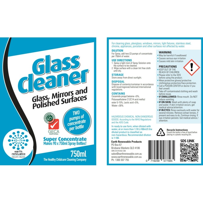 Glass Cleaner Label for use on spray bottle